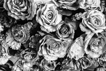Close-up of decorative artificial flowers, full frame, background, wallpaper, black and white, sadness concept