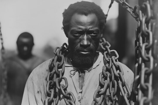 A historic portrait of a black african slave with metal chains
