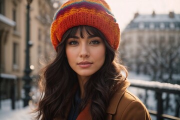 most beatiful  brunette women in portrait shot with a colorful fine woven cap , enjoying the winter...