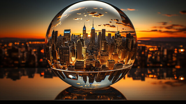 Crystal ball reflecting city skyline, sunset beauty, urban landscape art reflected in crystal, Generative AI