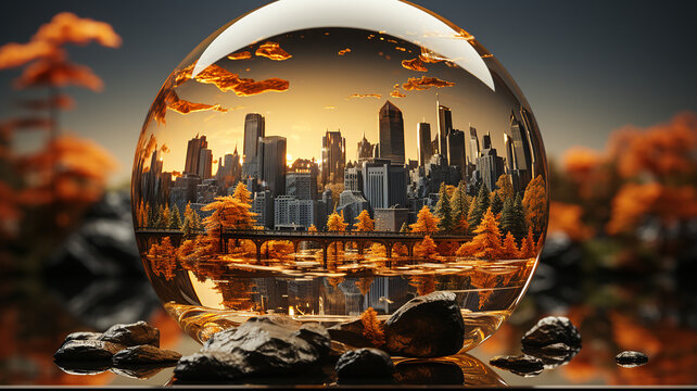 Crystal ball reflecting city skyline, sunset beauty, urban landscape art reflected in crystal, Generative AI