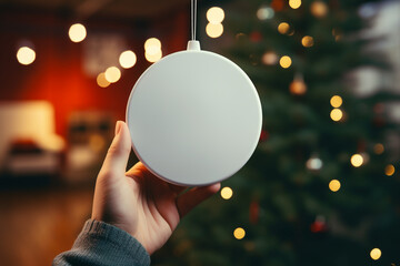 Fototapeta na wymiar a hand holding the string of an white blank flat circle ceramic Christmas ornament hanging on a Christmas tree, blurry background, super realistic photography, close-up