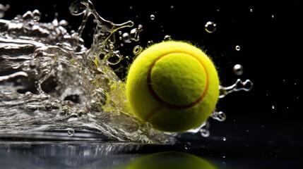 Tennis ball in motion flying fast, bouncing with water drops splashes over dark background. Concept of sport, game, match, championship, background and wallpaper. Banner, ads