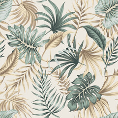 Tropical beige, green palm leaves seamless pattern. Exotic jungle wallpaper. - 696349971