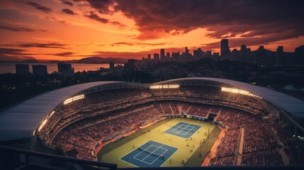 Aerial view of tennis court with tribune over sunset sky background. Sport zone full of people. Open air game. Concept of professional sport, championship, tournament, game - obrazy, fototapety, plakaty