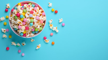 Bowl of sweet colorful popcorn on blue background