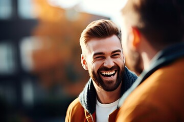 A cheerful and happy young man with a beard, enjoying the outdoors in the city with his friend. - obrazy, fototapety, plakaty