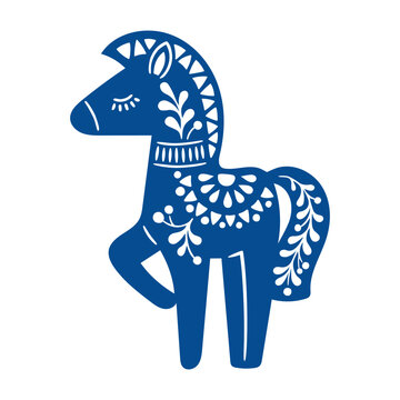 Fototapeta Vector illustration of patterned animal in Nordic style hygge. Silhouette of horse in folk style isolated on white background