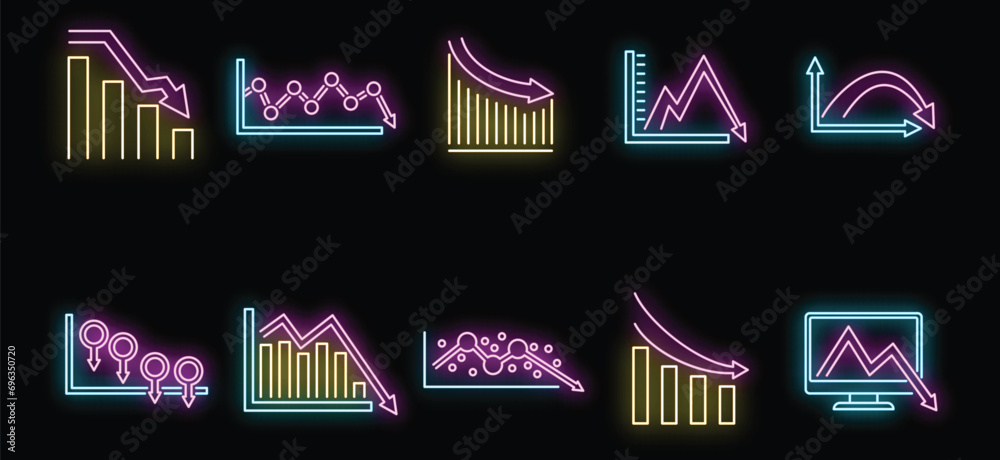 Poster regression chart icons set. outline set of regression chart vector icons neon color on black