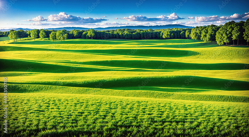 Wall mural beautiful green valley with green fields and hills. natural summer background, nature landscape wall