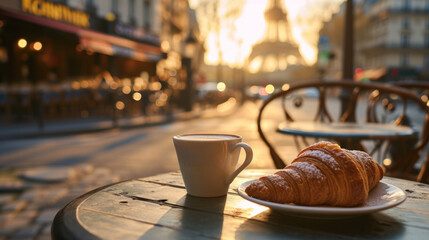 Petit déjeuner parisien, café crème et croissants sur la table en terrasse d'un bistrot typique au petit matin - obrazy, fototapety, plakaty