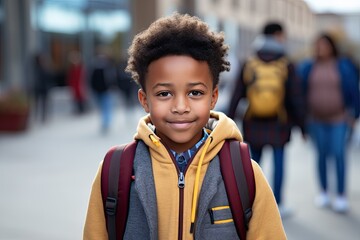 A cheerful black preschool boy with a backpack, crossing the street, embody the joy of childhood.