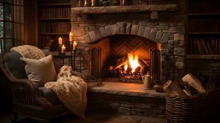 Warm Hearth. Cozy Fireplace with Crackling Flames Casting a Warm Glow