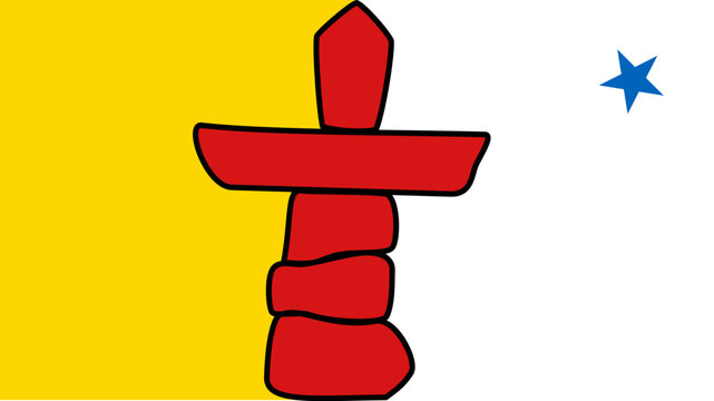 Flag of Nunavut Territory (Canada, North America) red inuksuk a traditional Inuit land marker and a blue star