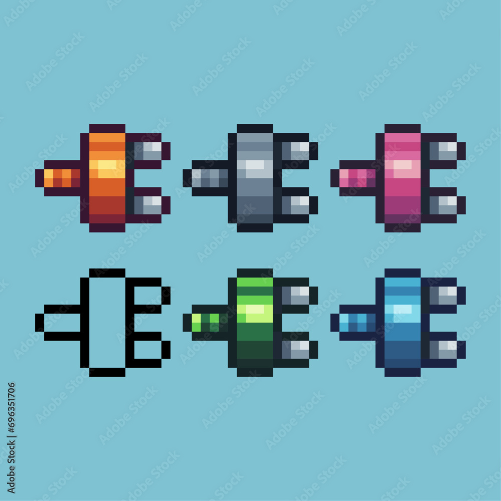 Poster pixel art sets of electric plugs icon with variation color item asset. electric plug icon on pixelat