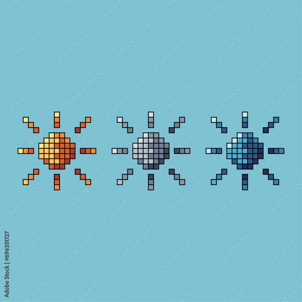 Poster pixel art stroke sets of sun icon with variation color item asset. sun icon on pixelated style. 8bit