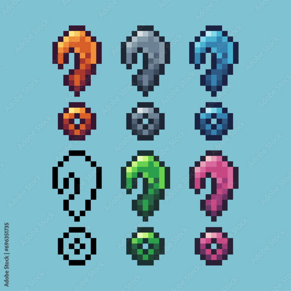 Fototapete pixel art sets of question mark icon with variation color item asset. question icon on pixelated sty