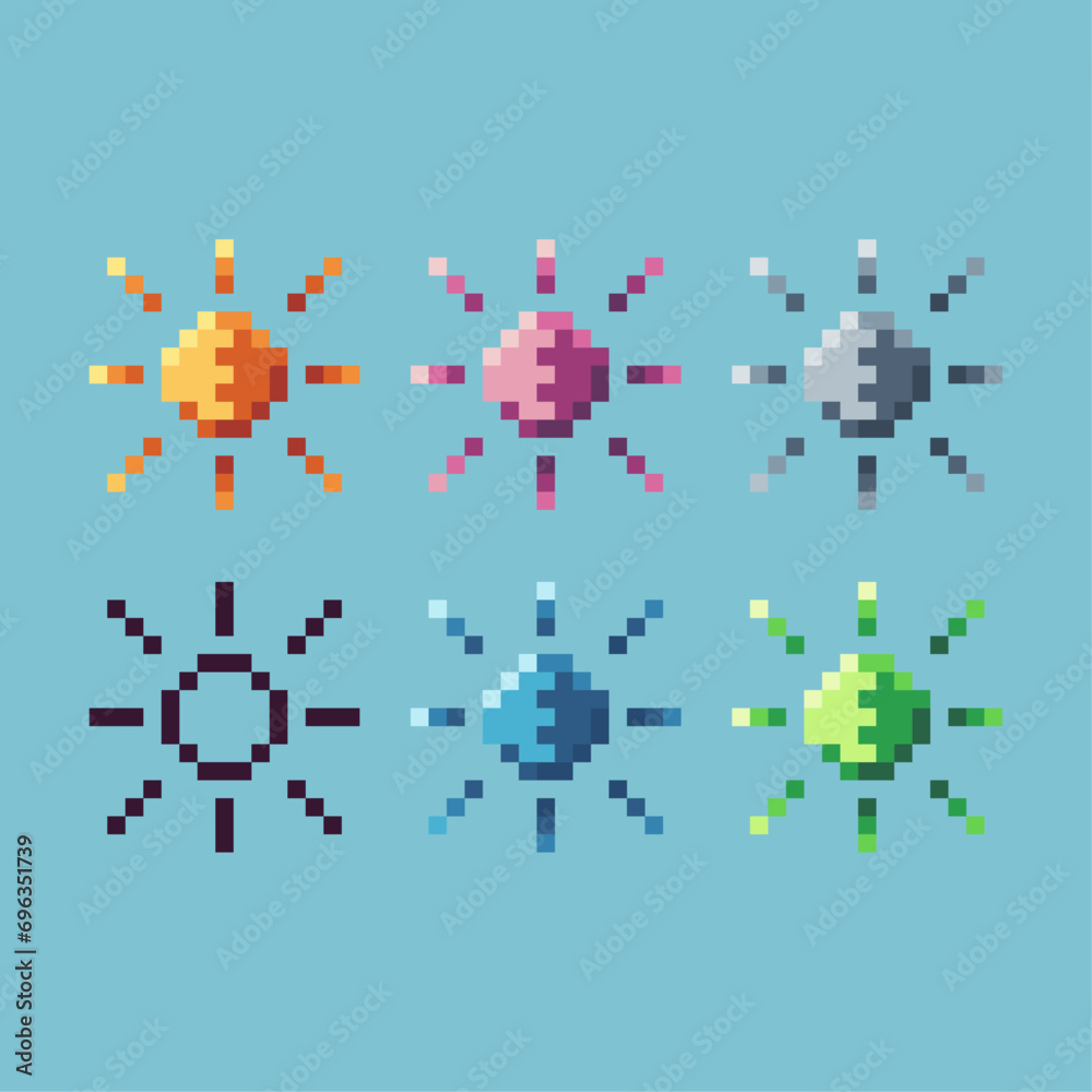 Poster pixel art sets of sun icon with variation color item asset. sun icon on pixelated style. 8bits perfe