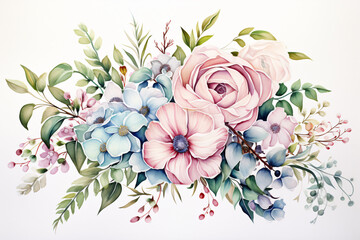Watercolor Flowers Bouquets, illustration with green gold leaves centre on white background for wedding invitations, greetings, wallpapers, fashion, prints 
