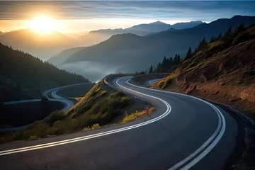 Poster Scenic road trip through nature. Asphalt highway winds picturesque landscape surrounded by lush greenery and rolling hills. Warm tones of sunset cast golden glow over scene creating serene © Wuttichai