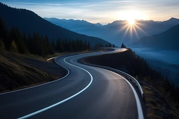 Fototapeta premium Scenic road trip through nature. Asphalt highway winds picturesque landscape surrounded by lush greenery and rolling hills. Warm tones of sunset cast golden glow over scene creating serene