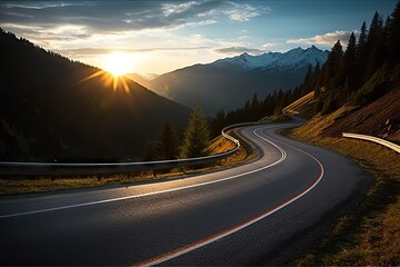 Scenic road trip through nature. Asphalt highway winds picturesque landscape surrounded by lush greenery and rolling hills. Warm tones of sunset cast golden glow over scene creating serene