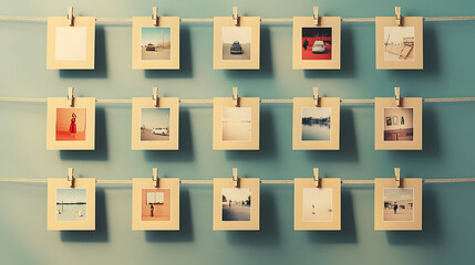 photo frames hanging on rope, empty Polaroid photos hanging - obrazy, fototapety, plakaty