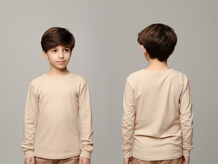 Front and back views of a little boy wearing a beige long-sleeve T-shirt