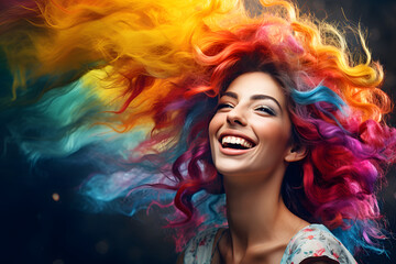 Fototapeta premium Farbenvielfalt der Schönheit: Porträt einer schönen Frau mit buntem Haar für individuellen Stil