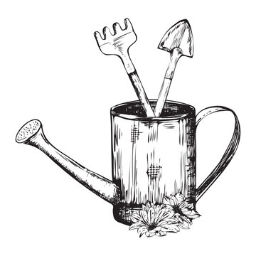watering can with garden tools sketch clip art preview