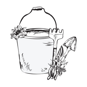 Hand-drawn ink illustration. A bucket with garden rake and trowel with a flower. Vector