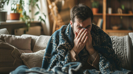 Man in blanket with a cold sits on a couch in the living room and blows his nose into a tissue. Cold season flu, coronavirus, winter respiratory infections. - obrazy, fototapety, plakaty