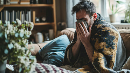 Man with a cold sits on a couch in the living room and sneezing his nose into a tissue. Cold season flu, coronavirus, winter respiratory infections. - obrazy, fototapety, plakaty