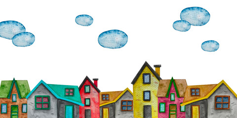 Watercolor houses. Hand drawn illustration. Nursery art © Anastasia