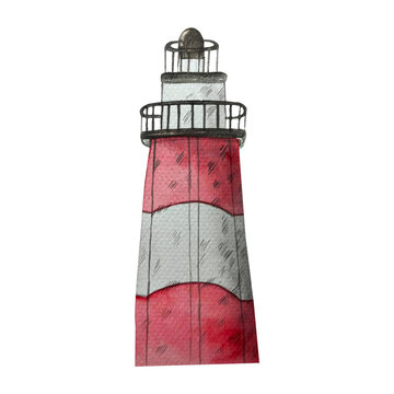 Hand drawn watercolor lighthouse. Ude for greeting cards, stickers, social media