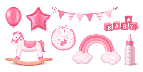 Realistic baby shower elements collection with rainbow and rocking horse