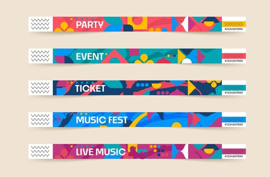 Flat abstract shapes event bracelets template set with colorful geometric shapes