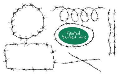 Razor wire silhouettes. Barbed wire metallic border elements, sharply barb wire fencing vector symbols set. Prison barbed wire. Twisted steel protective barrier with spikes collection - obrazy, fototapety, plakaty