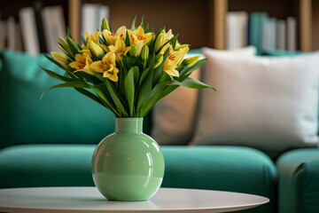 Beautiful light green vase with yellow flowers in the room on a wooden coffee table
