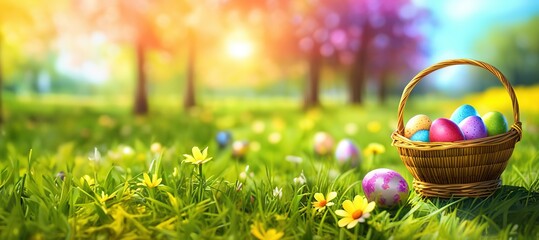 Basket with easter eggs in grass on a sunny spring day Easter decoration, banner, panorama,...