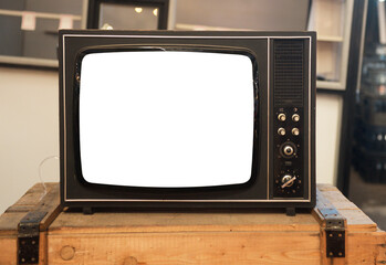 Old TV with a white screen on a box. Retro technology concept.