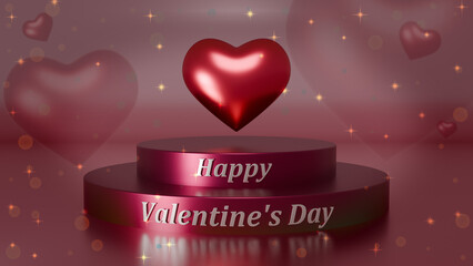 3d rendering, holiday card, banner, Valentine's day background. The podium and the heart in the studio, the text "Happy Valentine's Day".