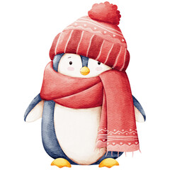 Cute penguin in a winter hat and scarf. Cartoon watercolor illustration for greeting card, sticker and invitation.  - obrazy, fototapety, plakaty