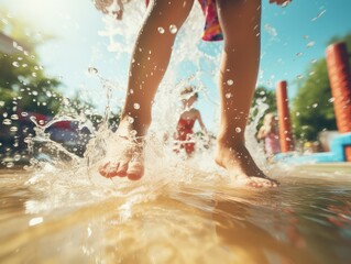  close-up of children's feet splashing in a pool, depicting the joy of summer days