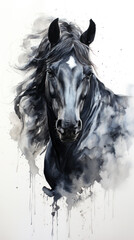 portrait of a watercolor painted black horse