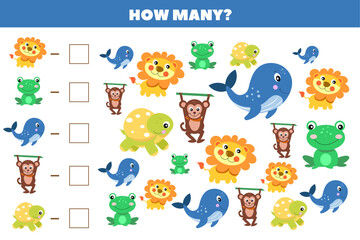 How many animals are there in the picture. Count the number of animals. Math game for children. Puzzle, educational game for children. - obrazy, fototapety, plakaty