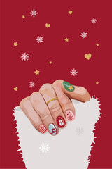 An illustration of a New Year's manicure. The hand of a girl with a beautiful ring in a white sweater. New Year's background. Vector festive picture on a bright background.