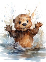 Illustration of a closeup of a friendly otter in the water looking forward.