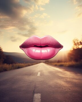 Lips floating above the road. Contemporary art style design. Ai Generative