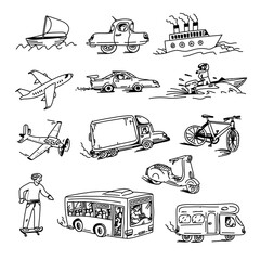 transportation icons, set of 13 vehicles for traveling and transportation